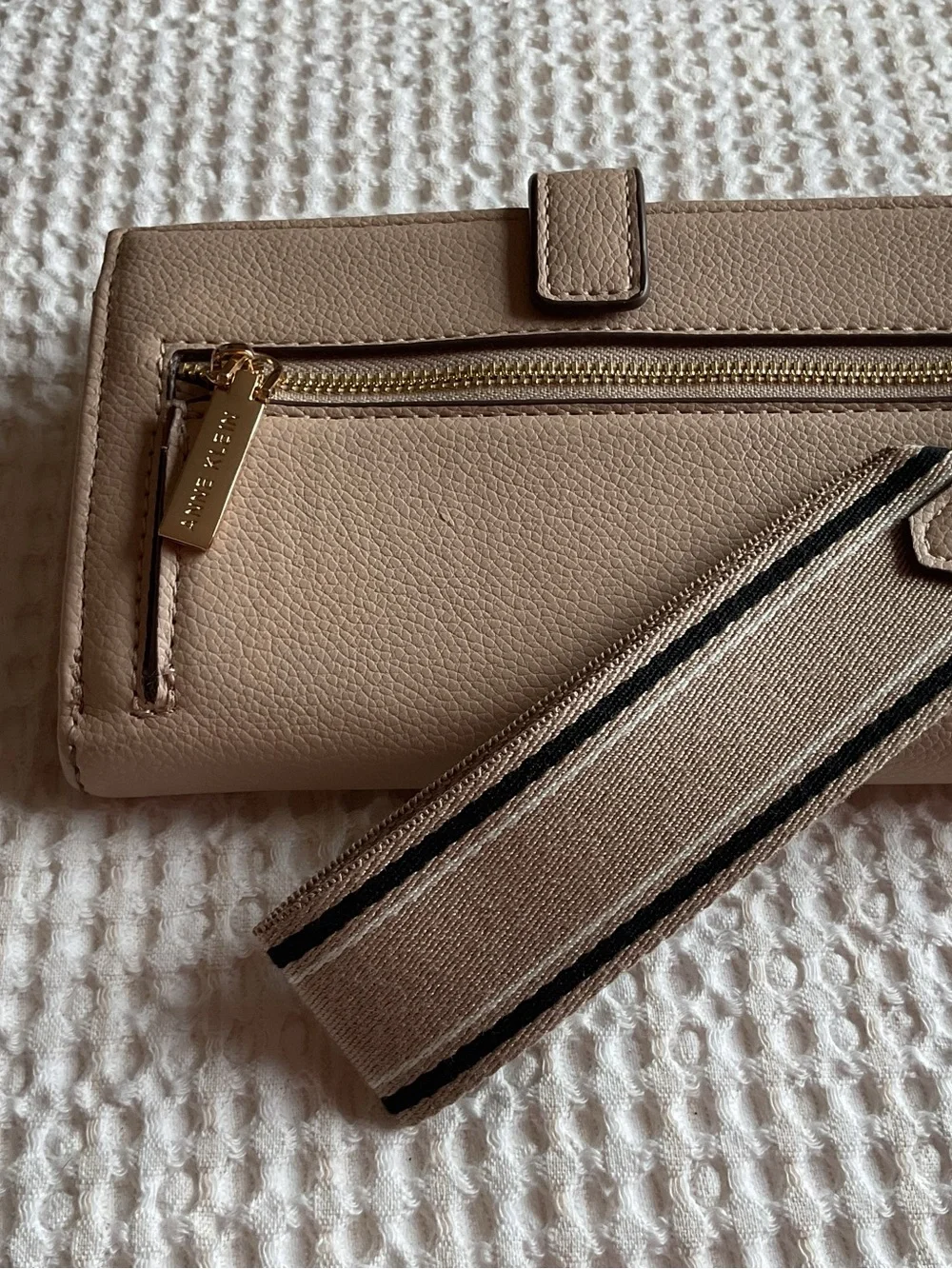Anne Klein Taupe Zip Wristlet with Gold Logo